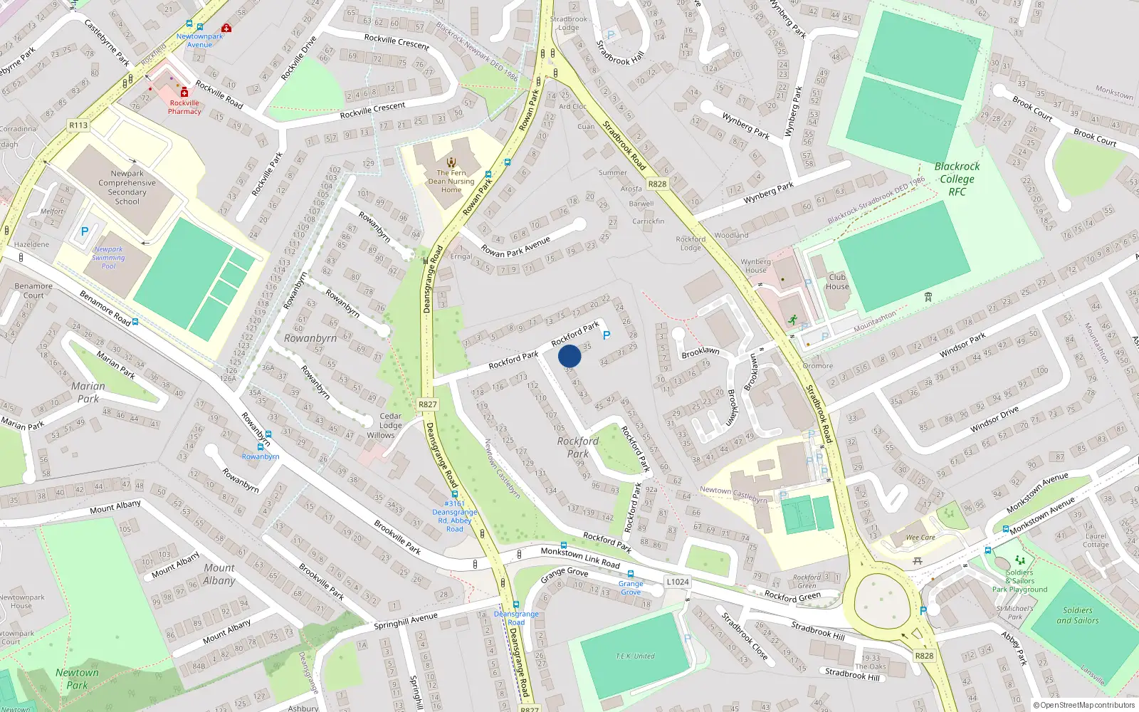 Overhead map showing the location of 38 Rockford Park, Blackrock