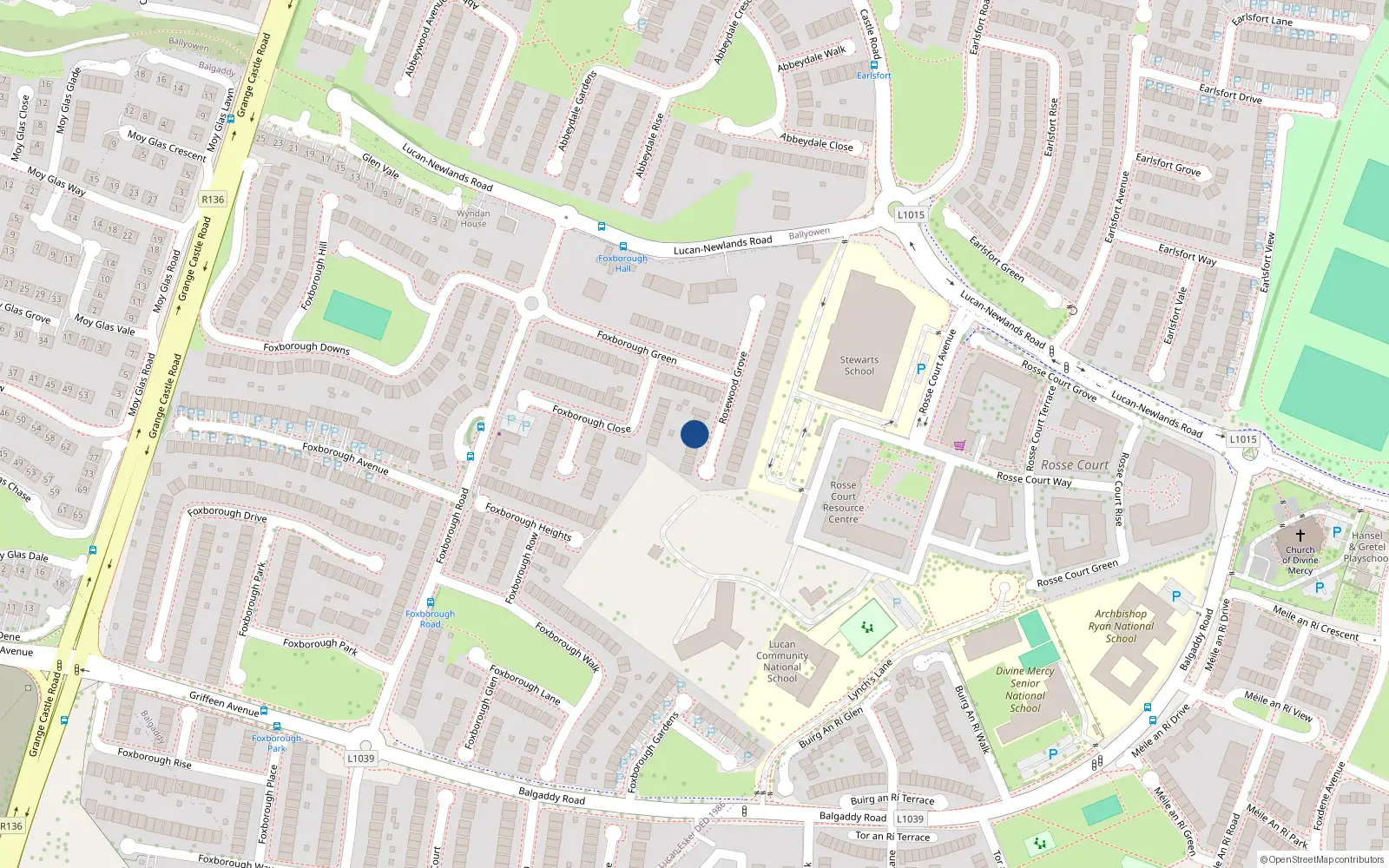 Overhead map showing the location of 38 Rosewood Grove, Lucan