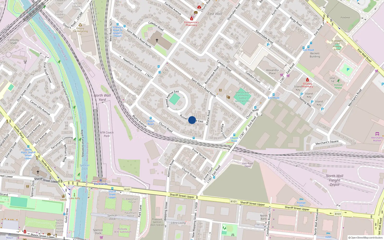 Overhead map showing the location of 38 Russell Avenue East, East Wall