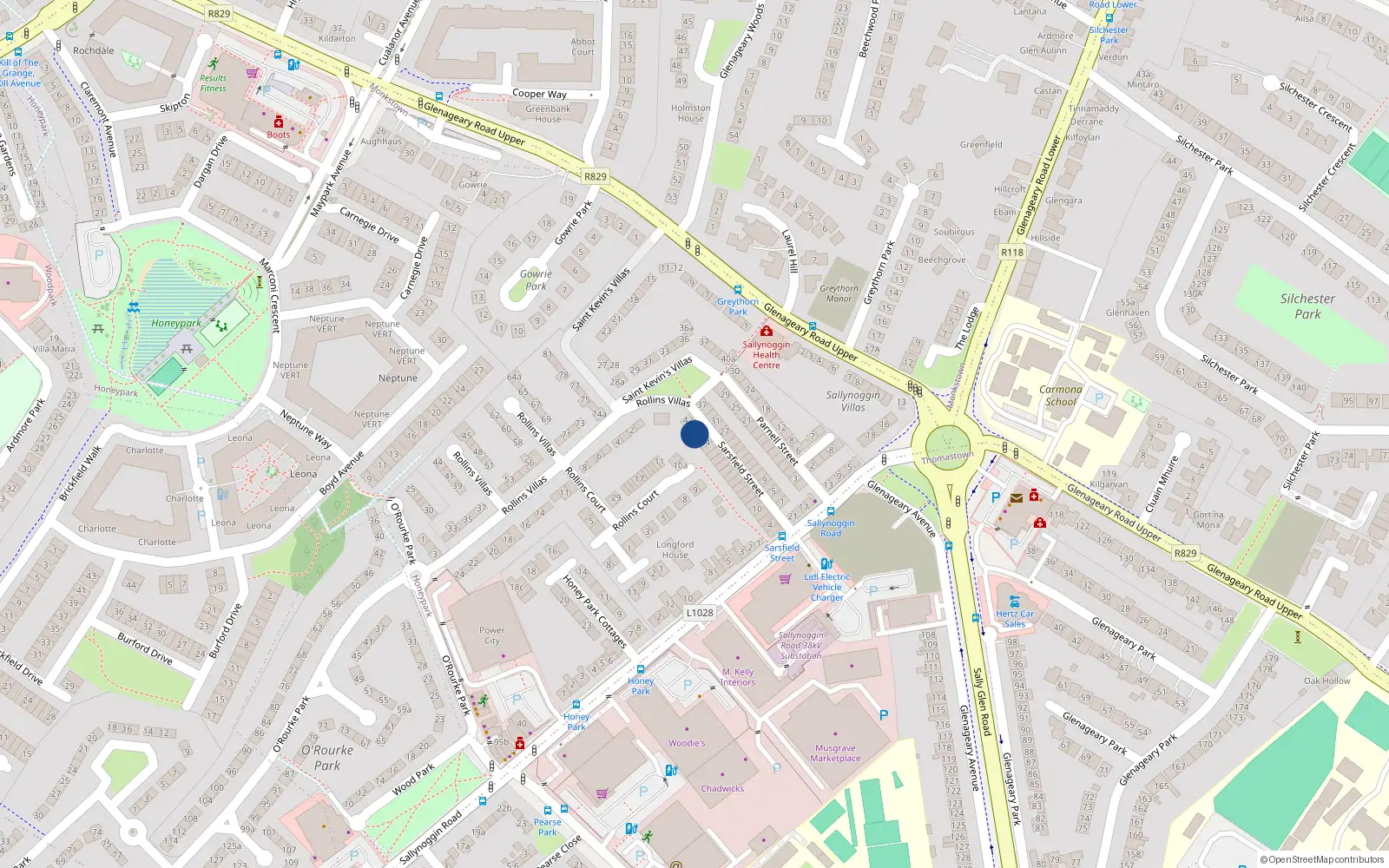 Overhead map showing the location of 38 Sarsfield Street, Sallynoggin