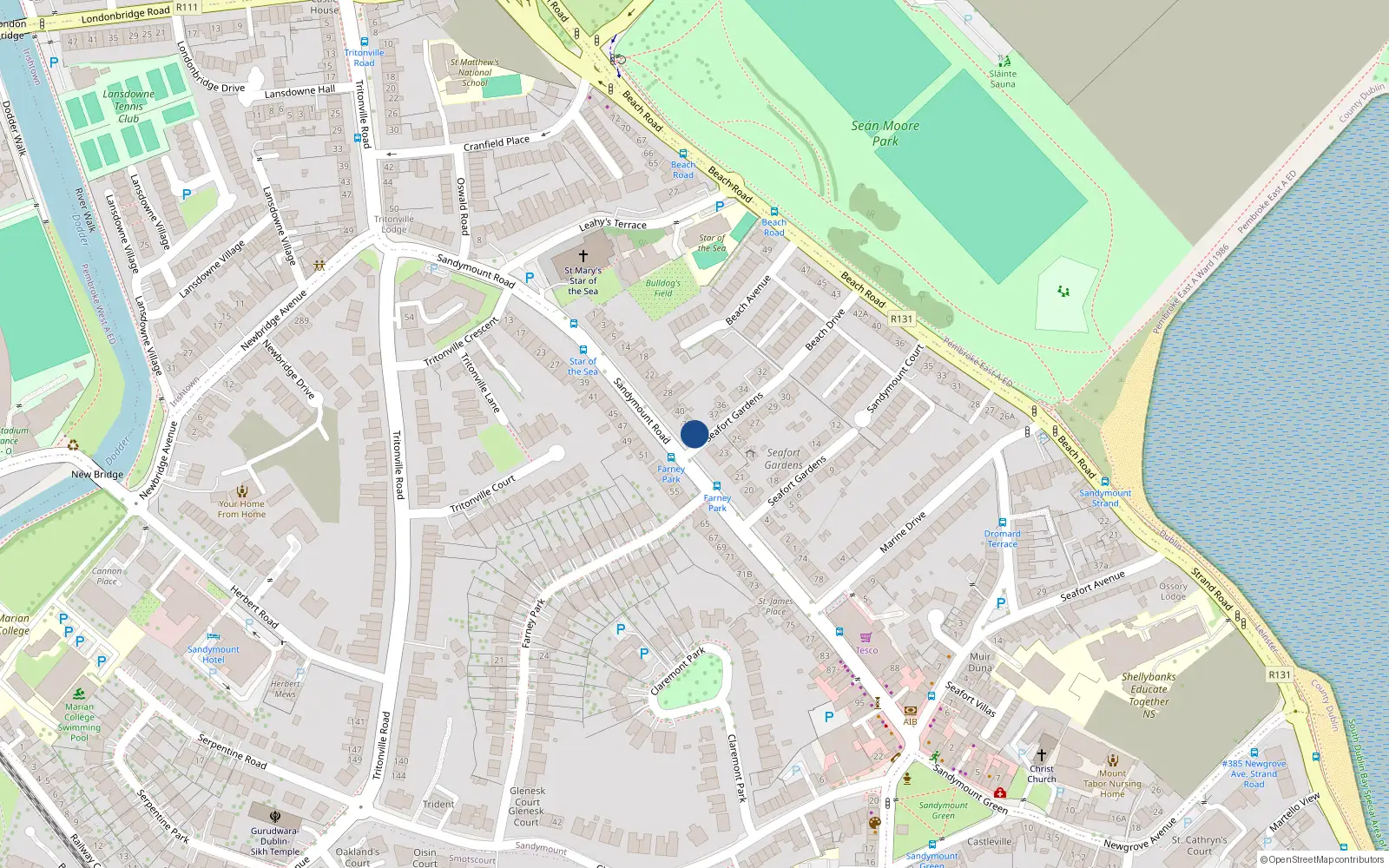 Overhead map showing the location of 38 Seafort Gardens, Sandymount