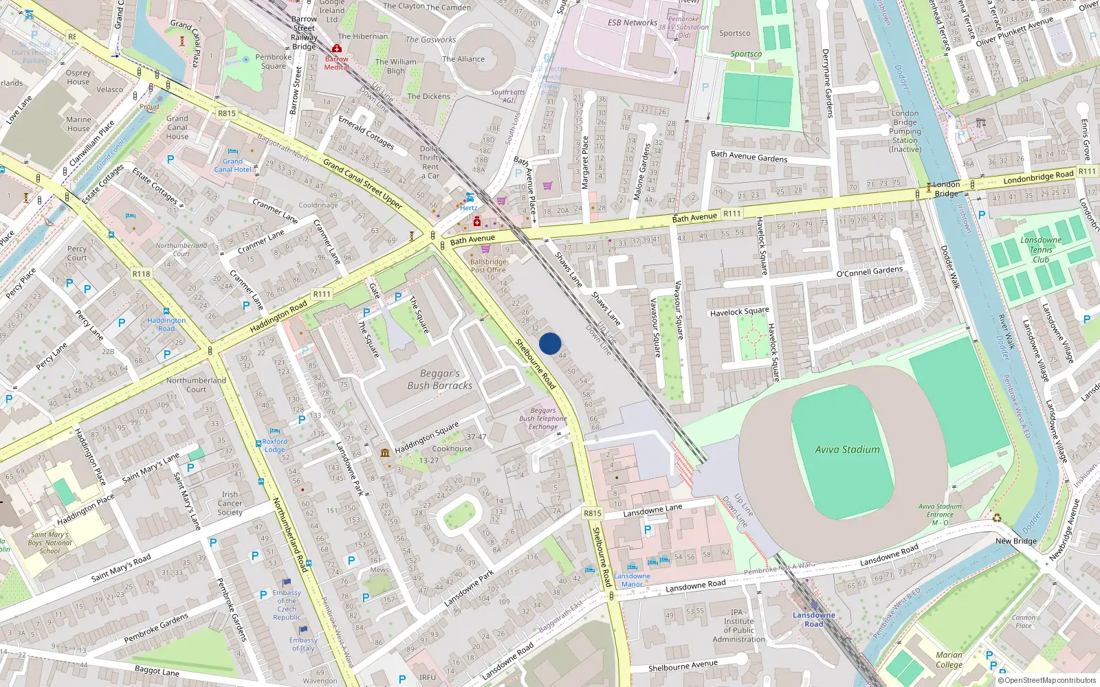Overhead map showing the location of 38 Shelbourne Road, Dublin 4
