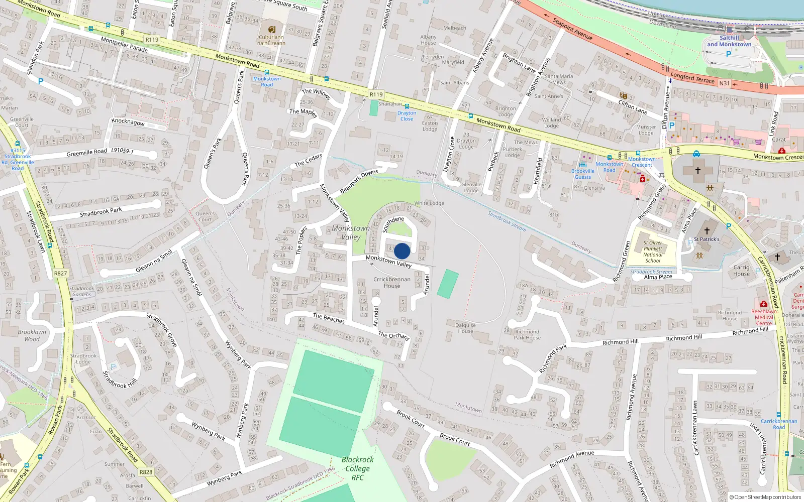Overhead map showing the location of 38 Southdene, Monkstown