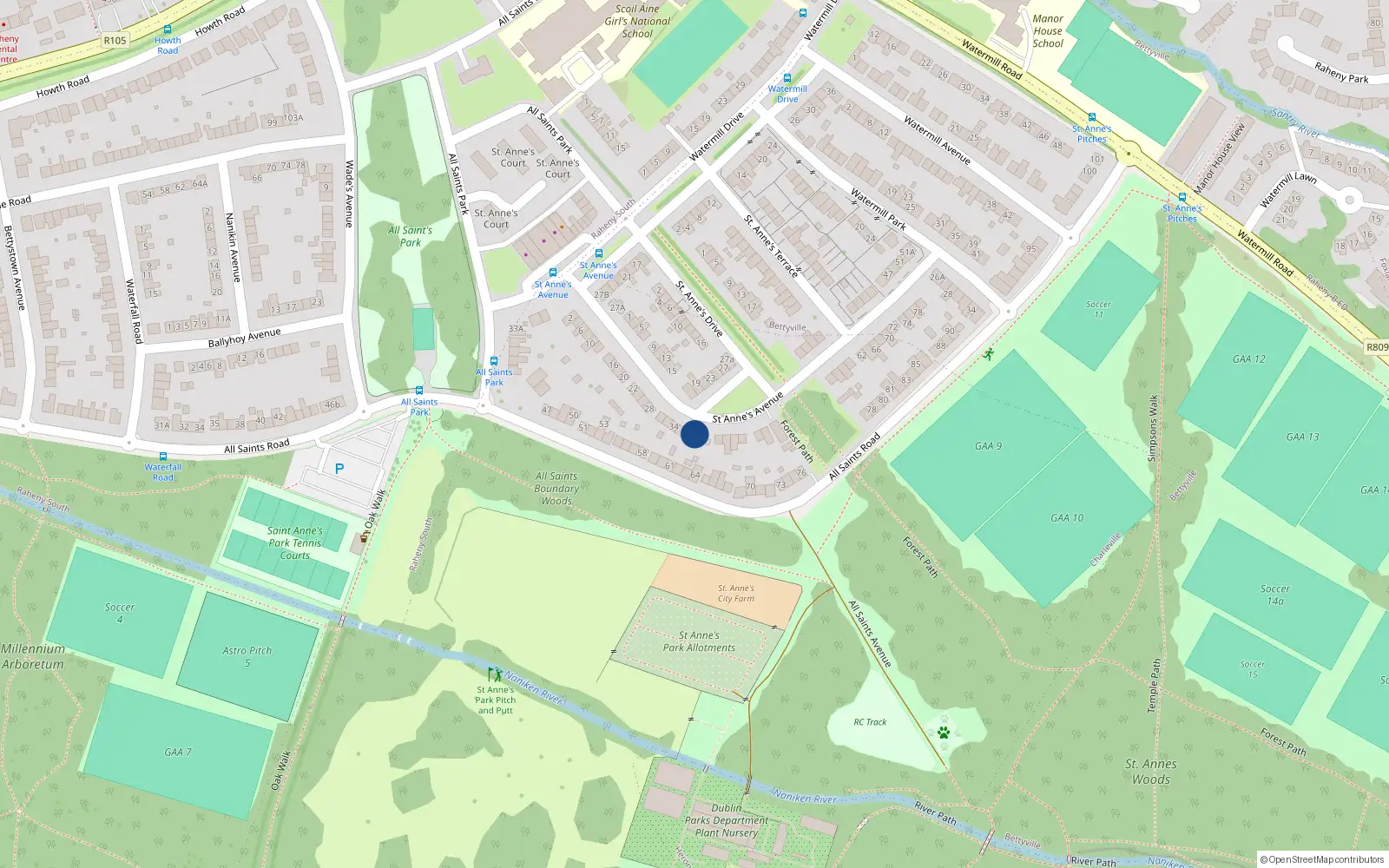 Overhead map showing the location of 38 St. Annes Avenue, Raheny, Dublin 5