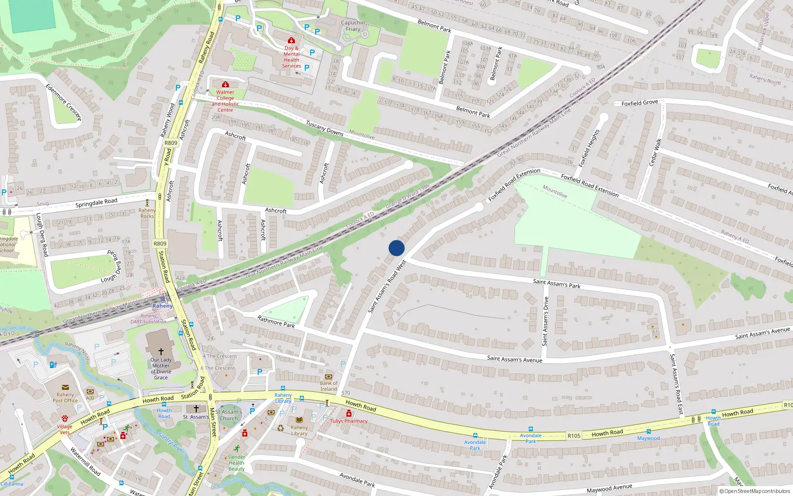 Overhead map showing the location of 38 Saint Assam's Road West, Dublin 5