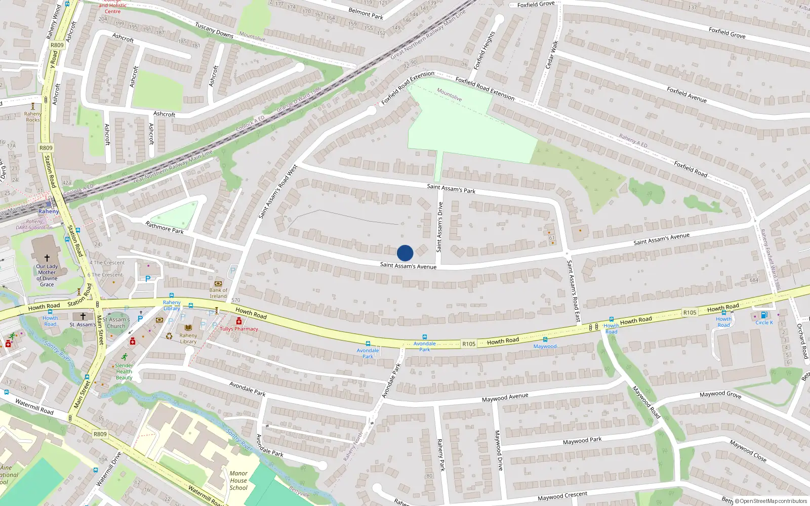 Overhead map showing the location of 38 St. Assams Avenue, Raheny