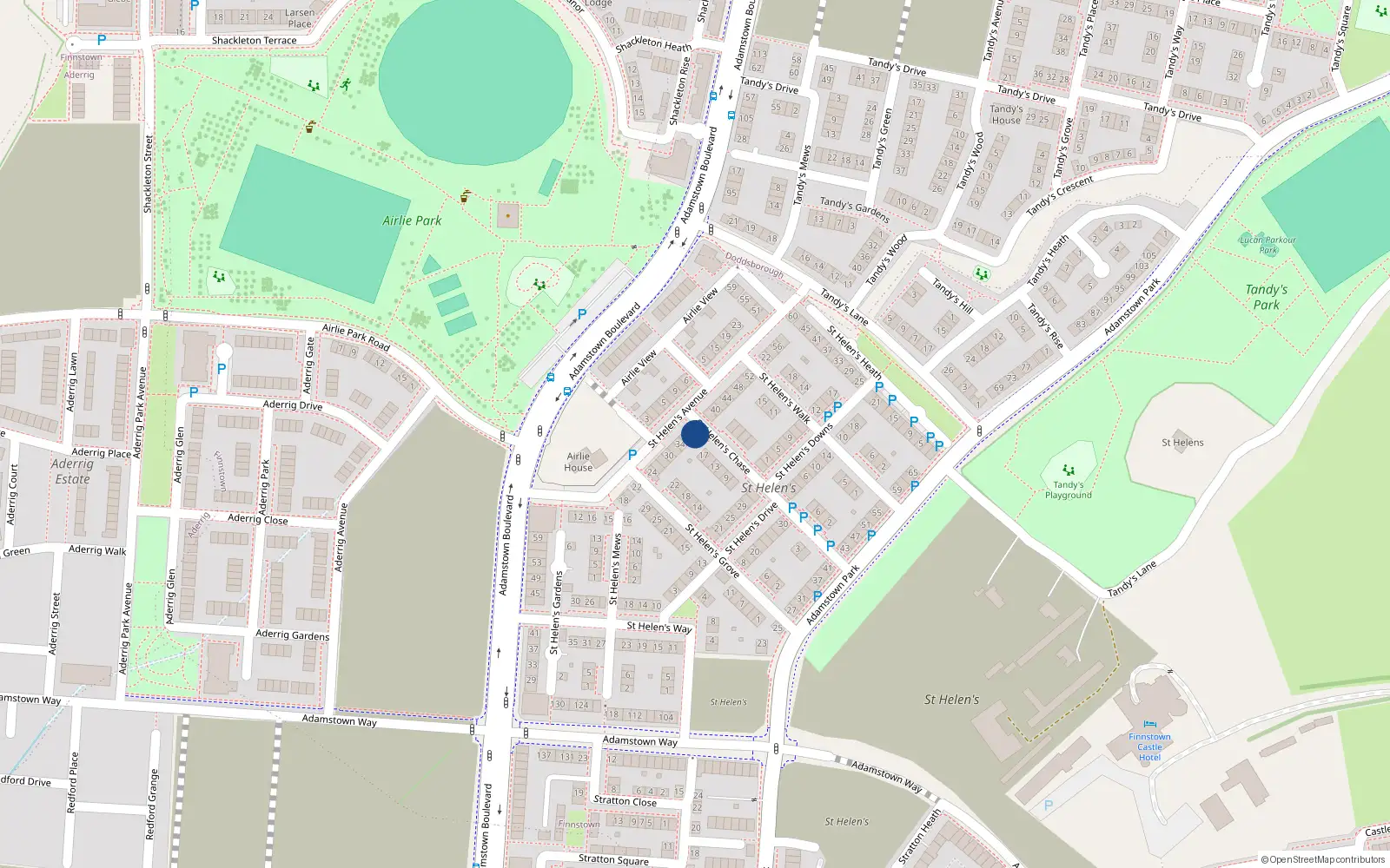 Overhead map showing the location of 38 St. Helens Avenue, Adamstown, Lucan