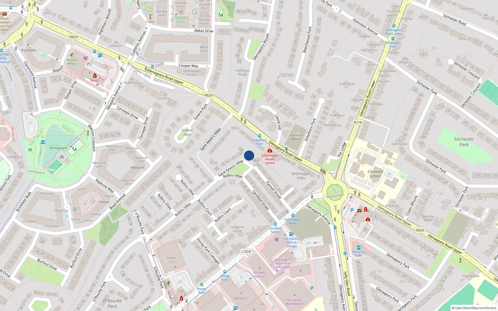 Overhead map showing the location of 38 Saint Kevin's Villas, Sallynoggin