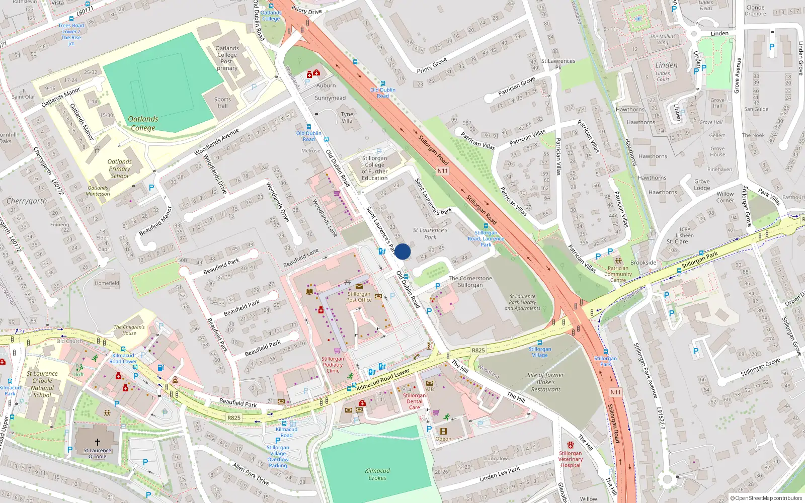 Overhead map showing the location of 38 St Laurences Park, Stillorgan, Dublin
