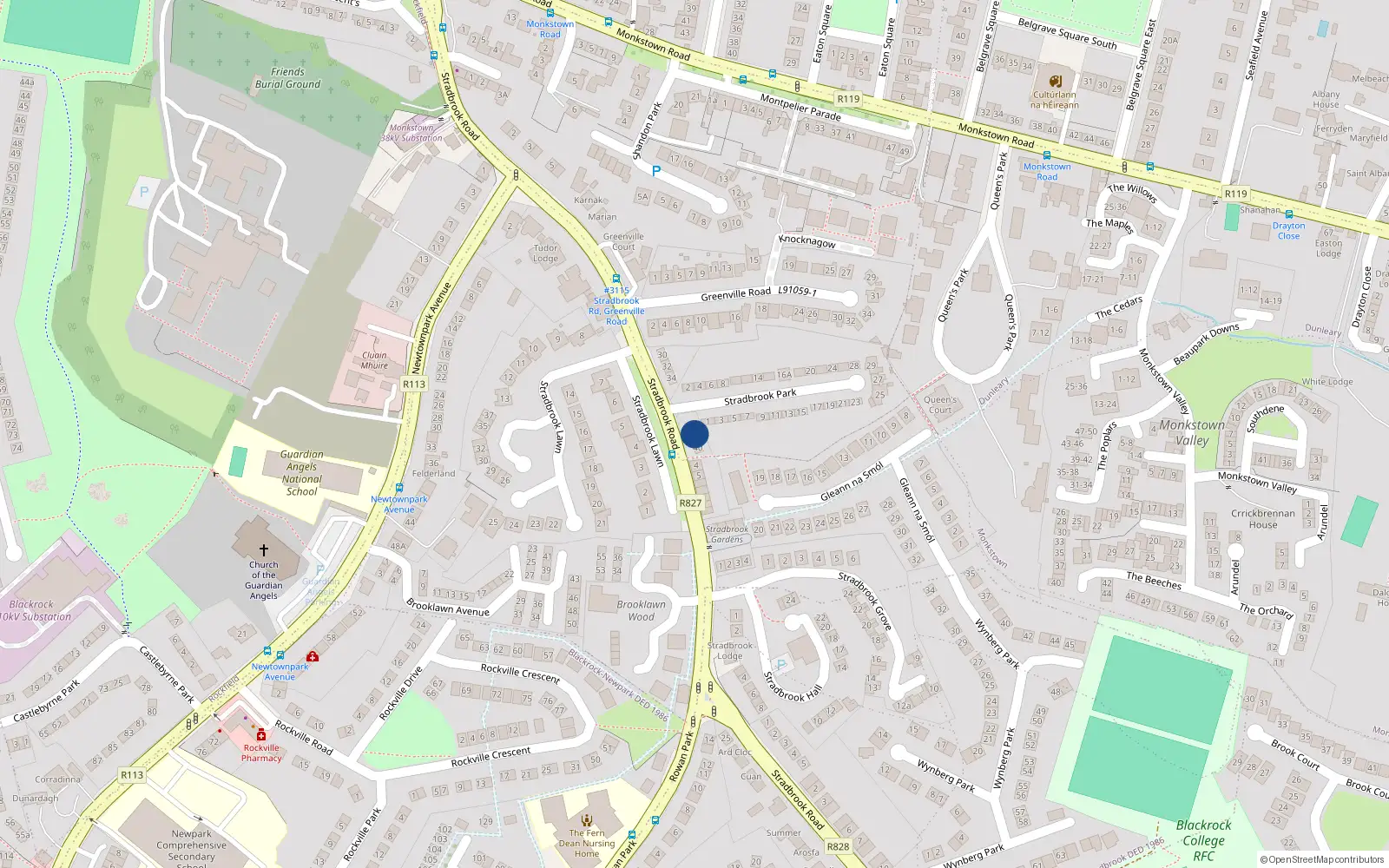 Overhead map showing the location of 38 Stradbrook Road, Blackrock