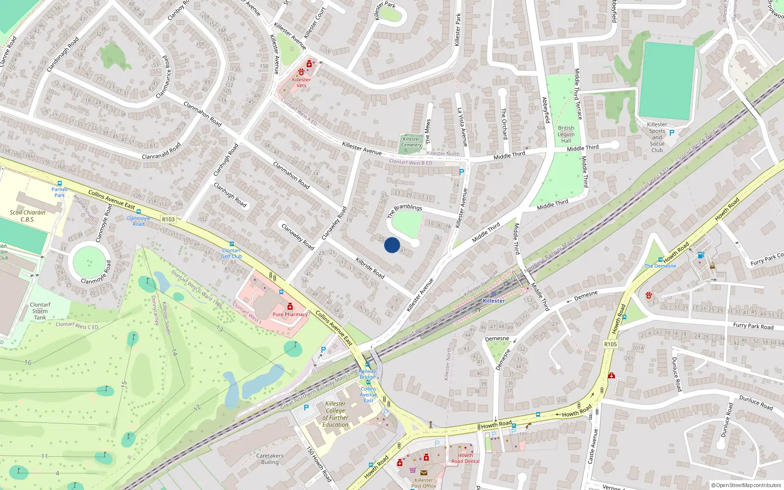Overhead map showing the location of 38 The Bramblings, Dublin 5