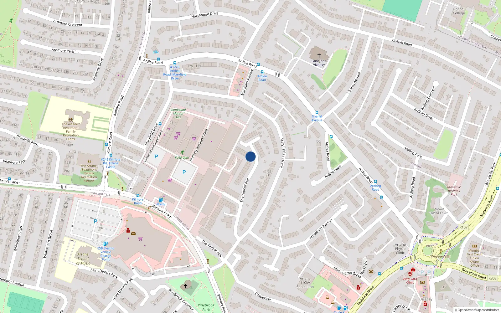 Overhead map showing the location of 38 Timber Mill, Artane, Dublin 5