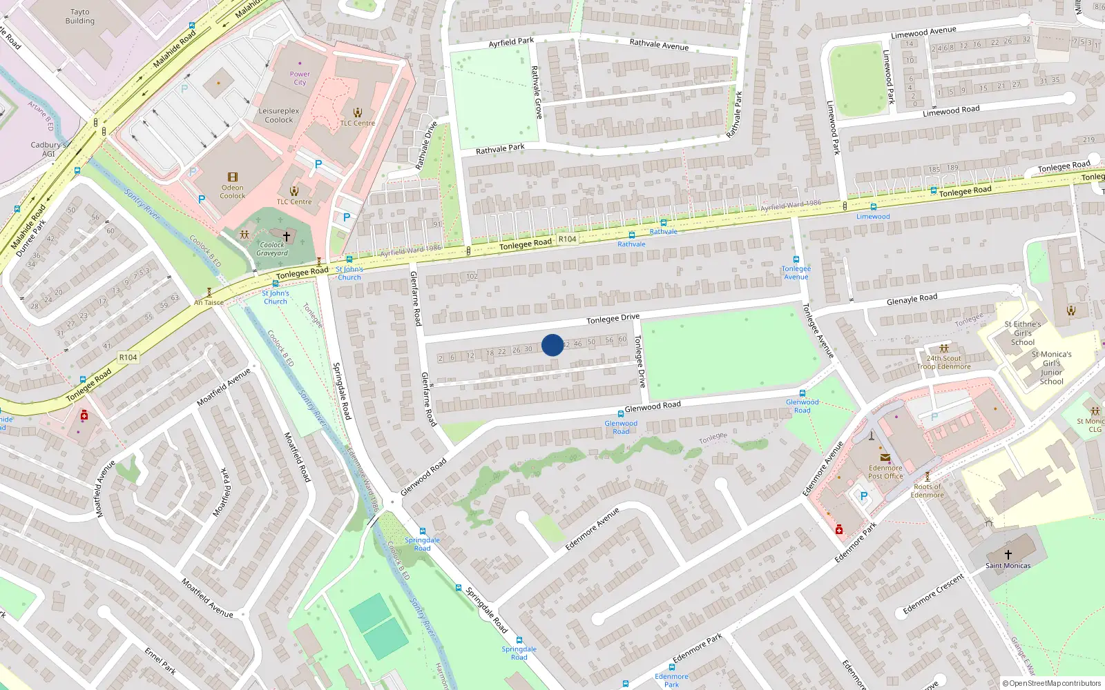 Overhead map showing the location of 38 Tonlegee Drive, Dublin 5
