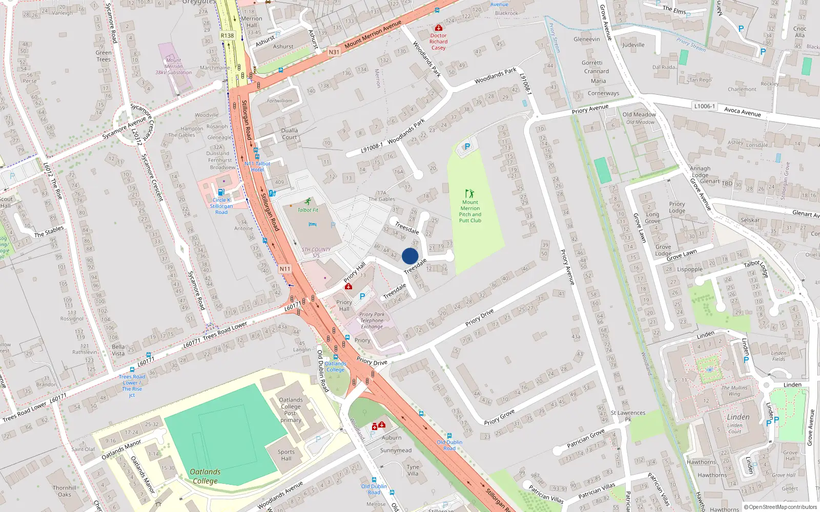 Overhead map showing the location of 38 Treesdale, Blackrock