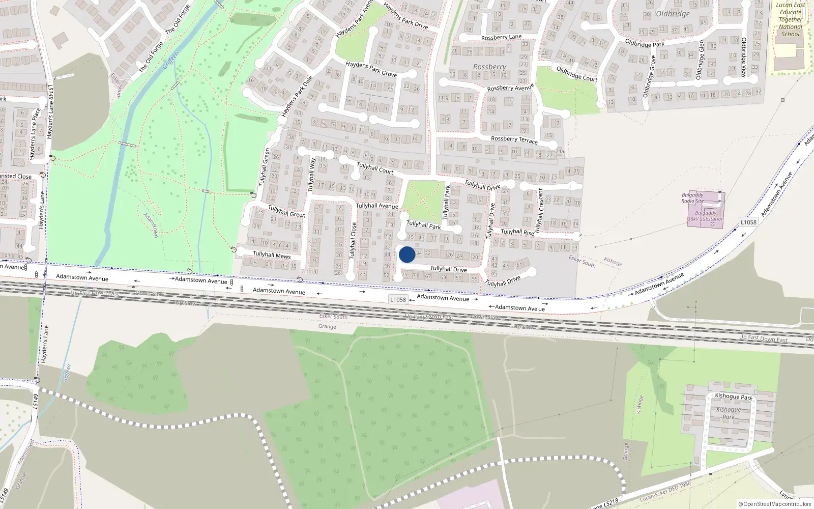 Overhead map showing the location of 38 Tullyhall Drive, Lucan