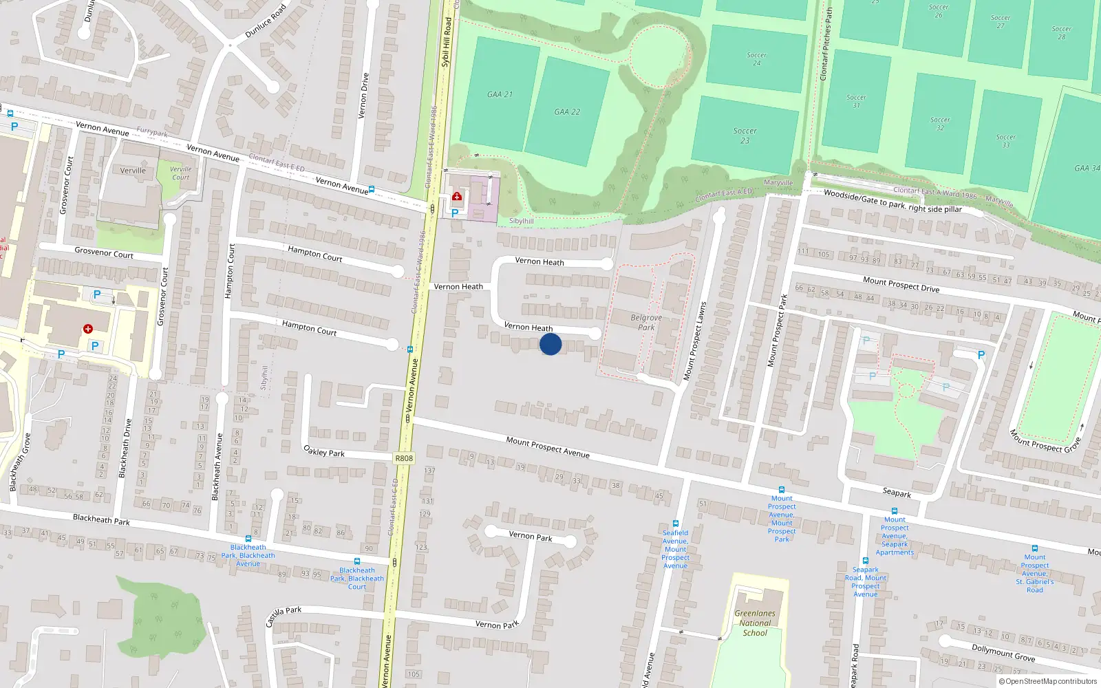 Overhead map showing the location of 38 Vernon Heath, Clontarf, Dublin 3