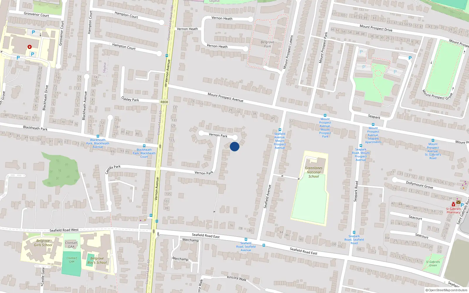 Overhead map showing the location of 38 Vernon Park, Dublin 3