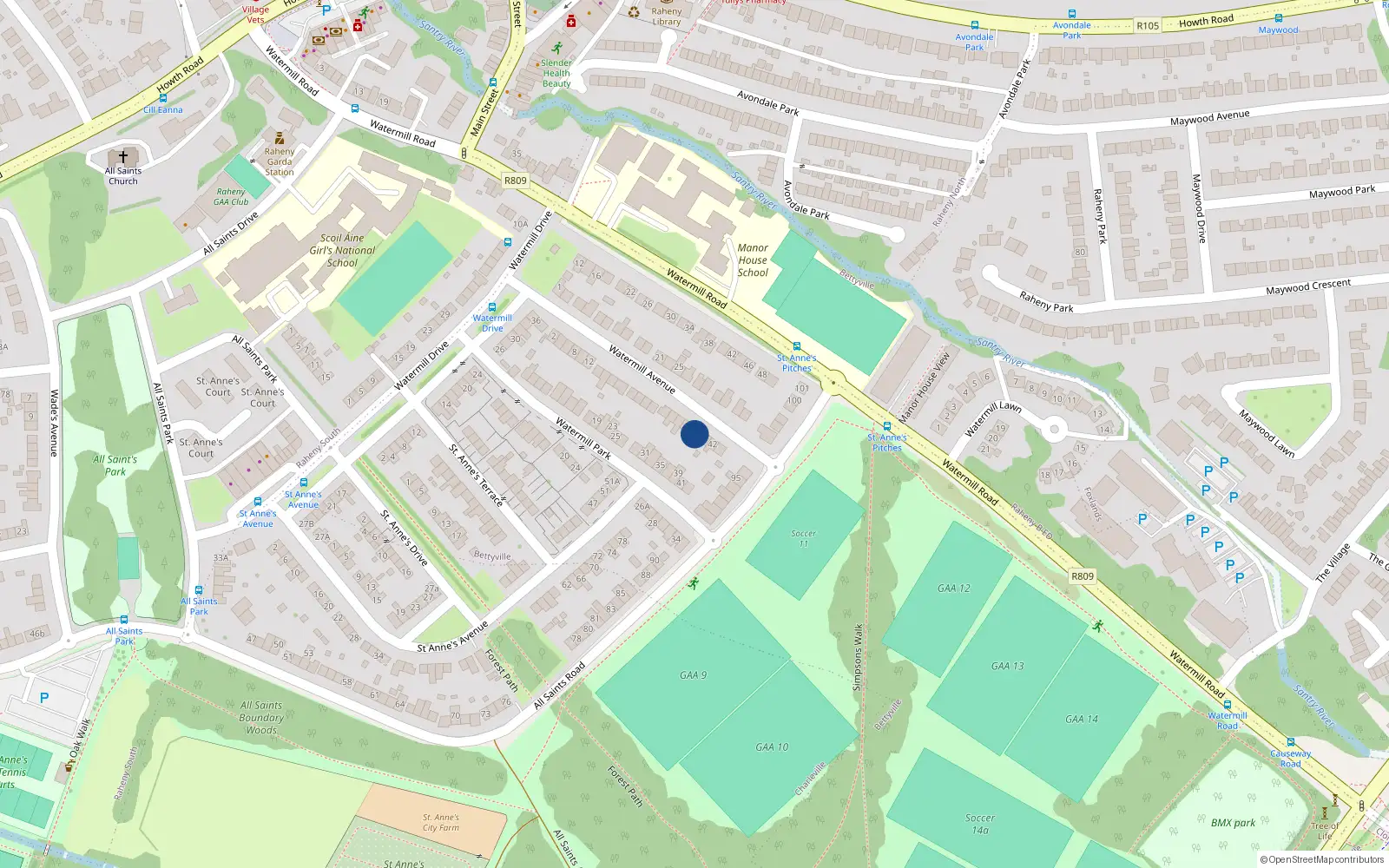 Overhead map showing the location of 38 Watermill Avenue, Raheny, Dublin 5