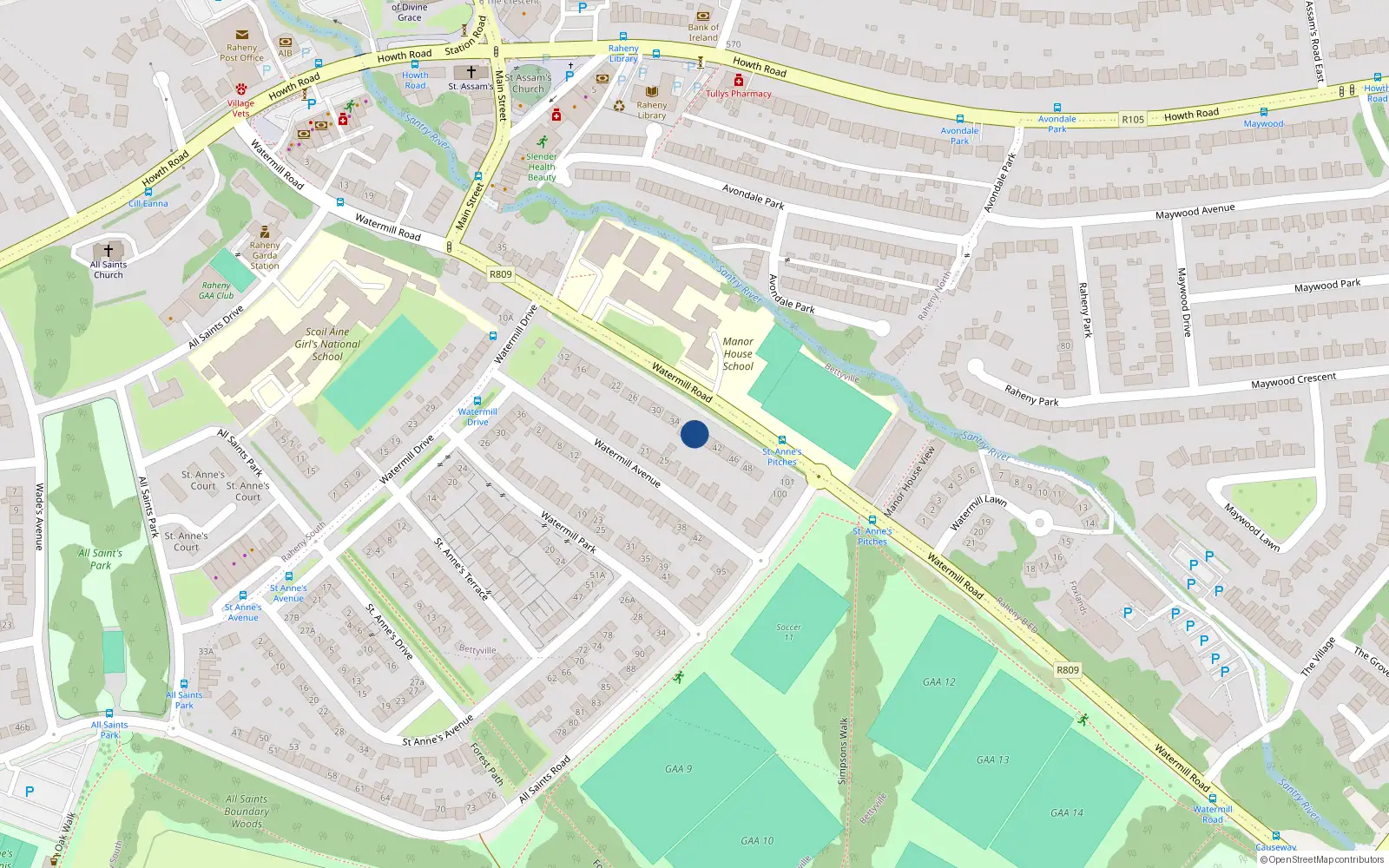 Overhead map showing the location of 38 Watermill Road, Dublin 5