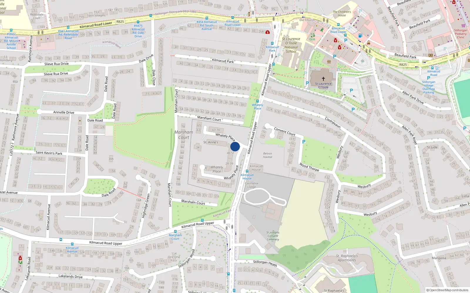 Overhead map showing the location of 38 Whatley Place, Kilmacud Road Upper, Stillorgan