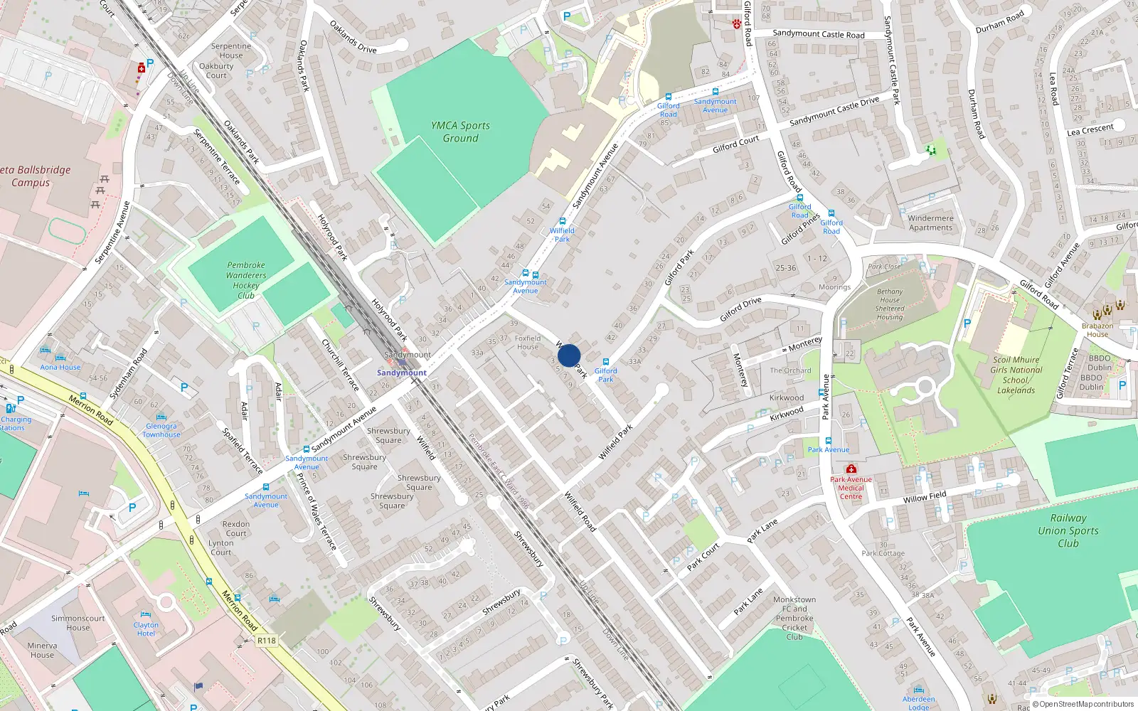 Overhead map showing the location of 38 Wilfield Park, Sandymount