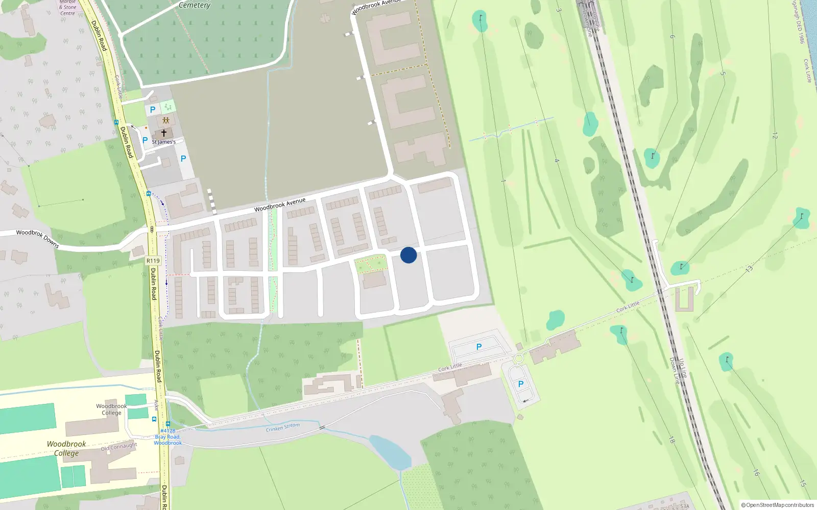 Overhead map showing the location of 38 Woodbrook Way, Bray
