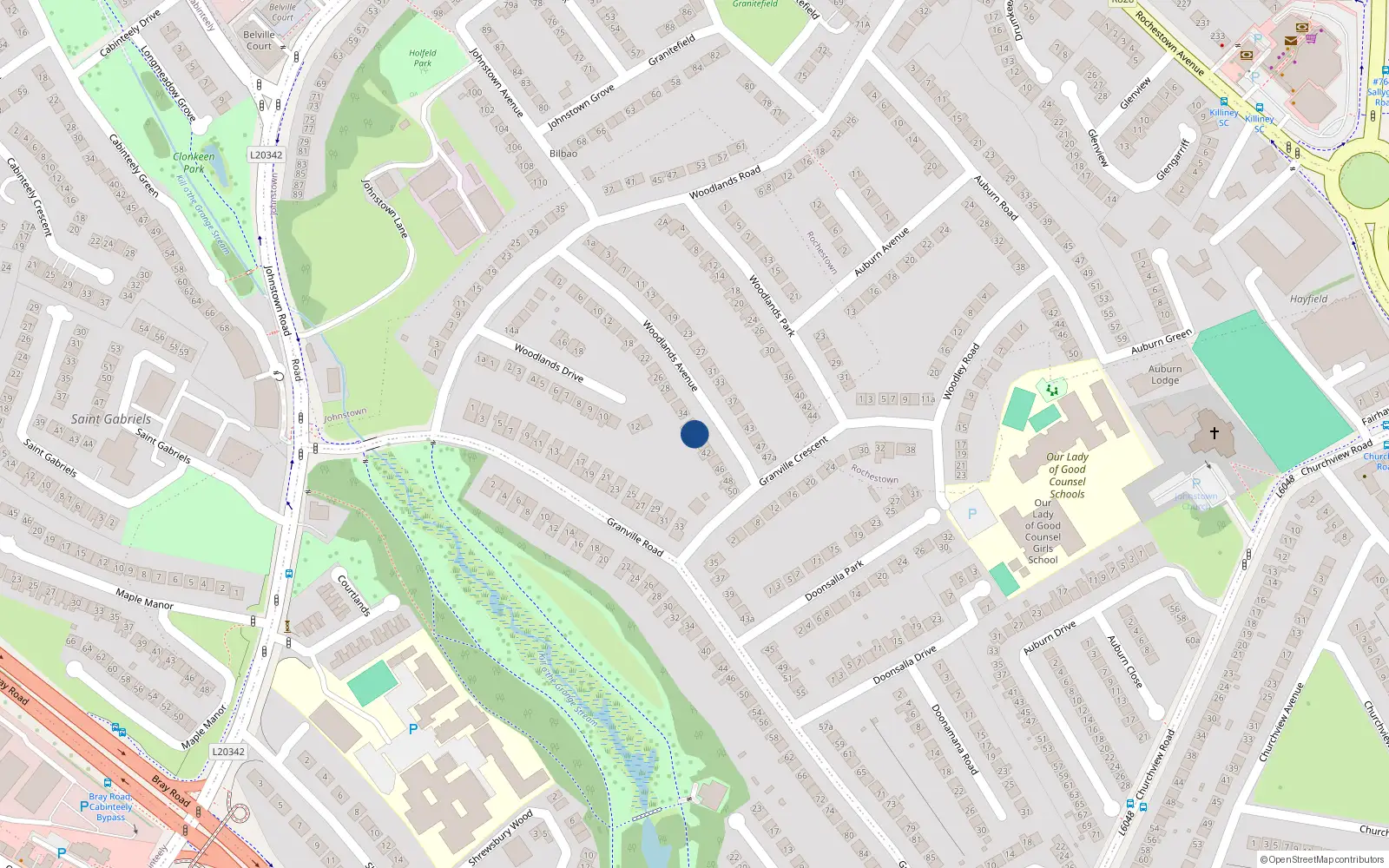 Overhead map showing the location of 38 Woodlands Avenue, Glenageary, Dublin