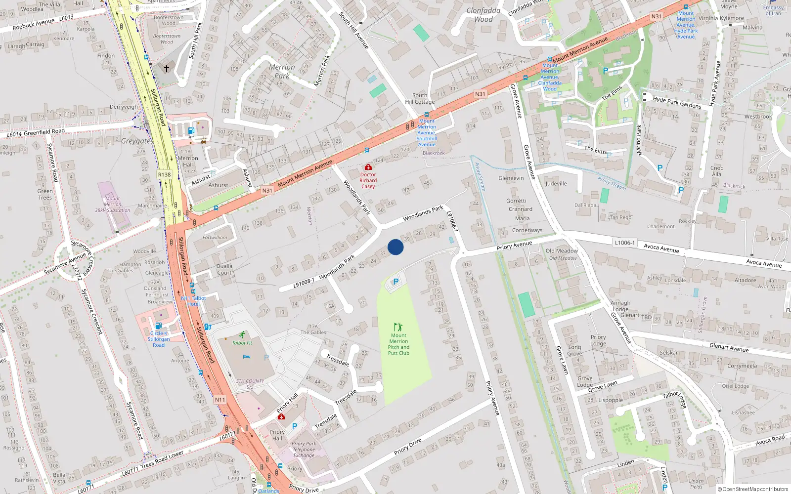 Overhead map showing the location of 38 Woodlands Park, Dublin