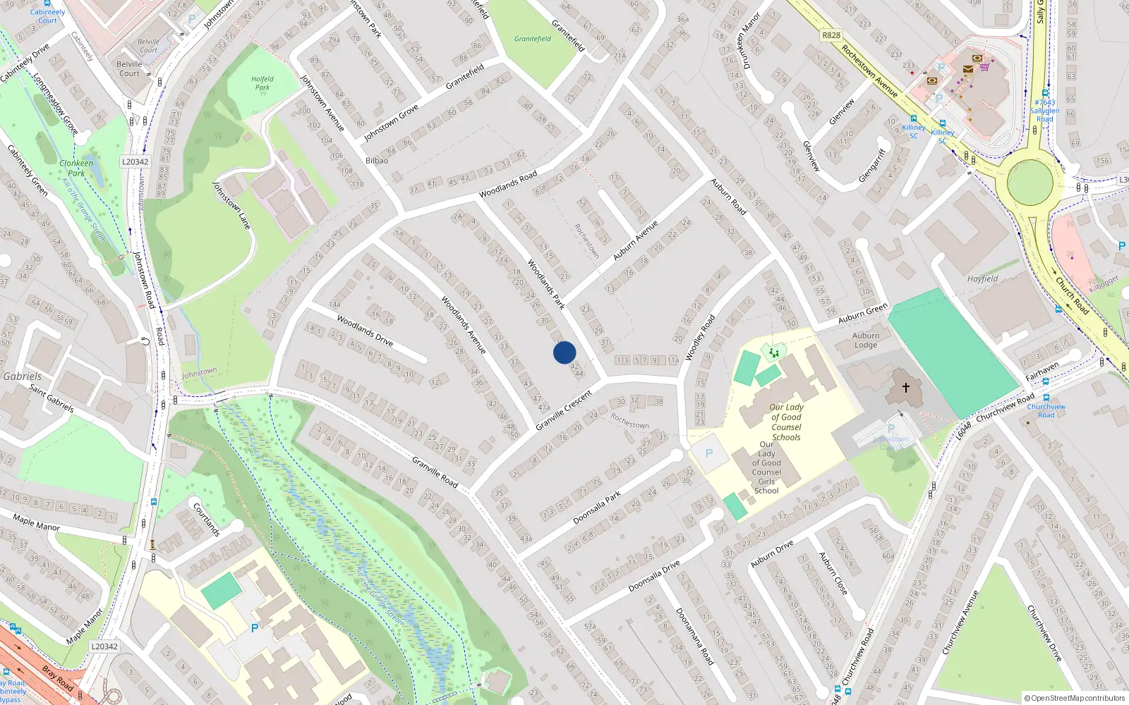 Overhead map showing the location of 38 Woodlands Park, Johnstown, Dun Laoghaire