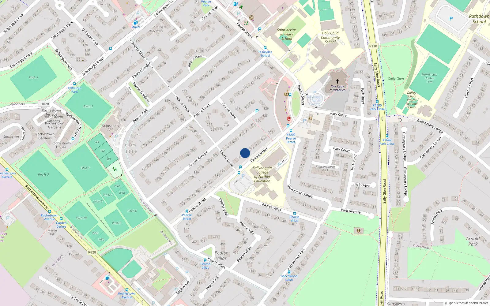 Overhead map showing the location of 380 Pearse Street, Sallynoggin