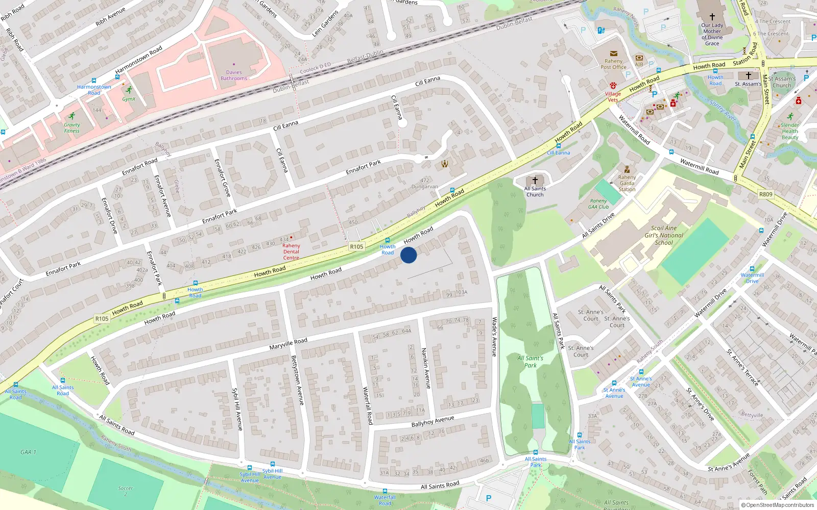 Overhead map showing the location of 383 Howth Road, Raheny, Dublin 5
