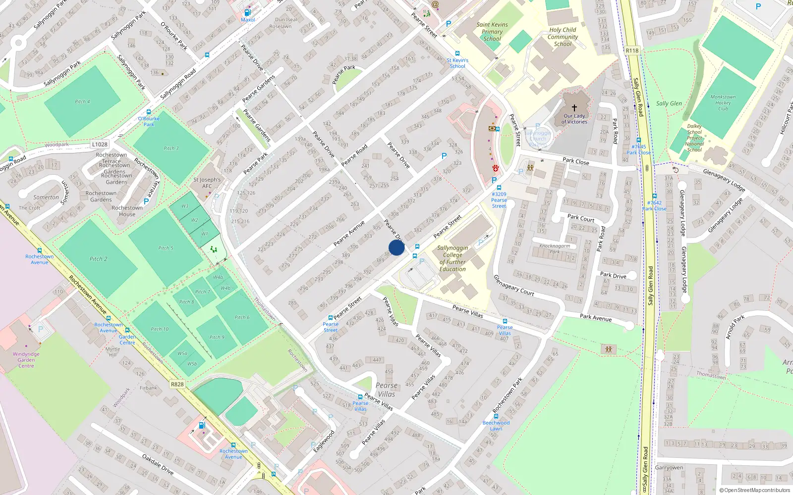 Overhead map showing the location of 385 Pearse Street, Sallynoggin