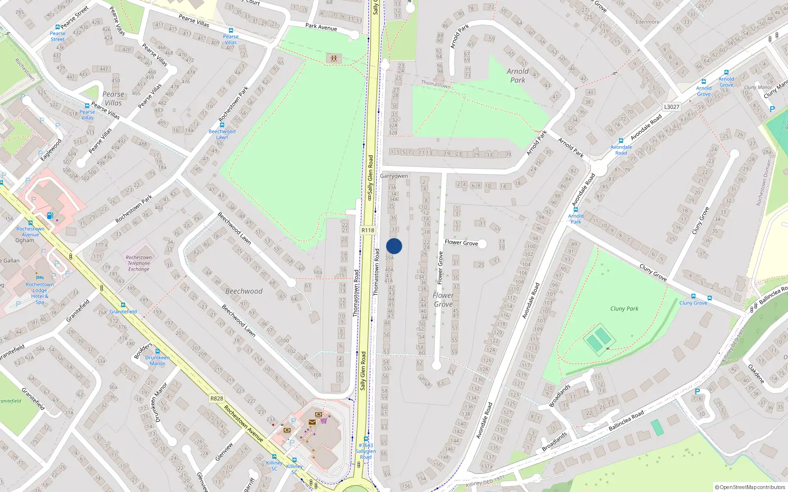 Overhead map showing the location of 38A Thomastown Road, Dublin
