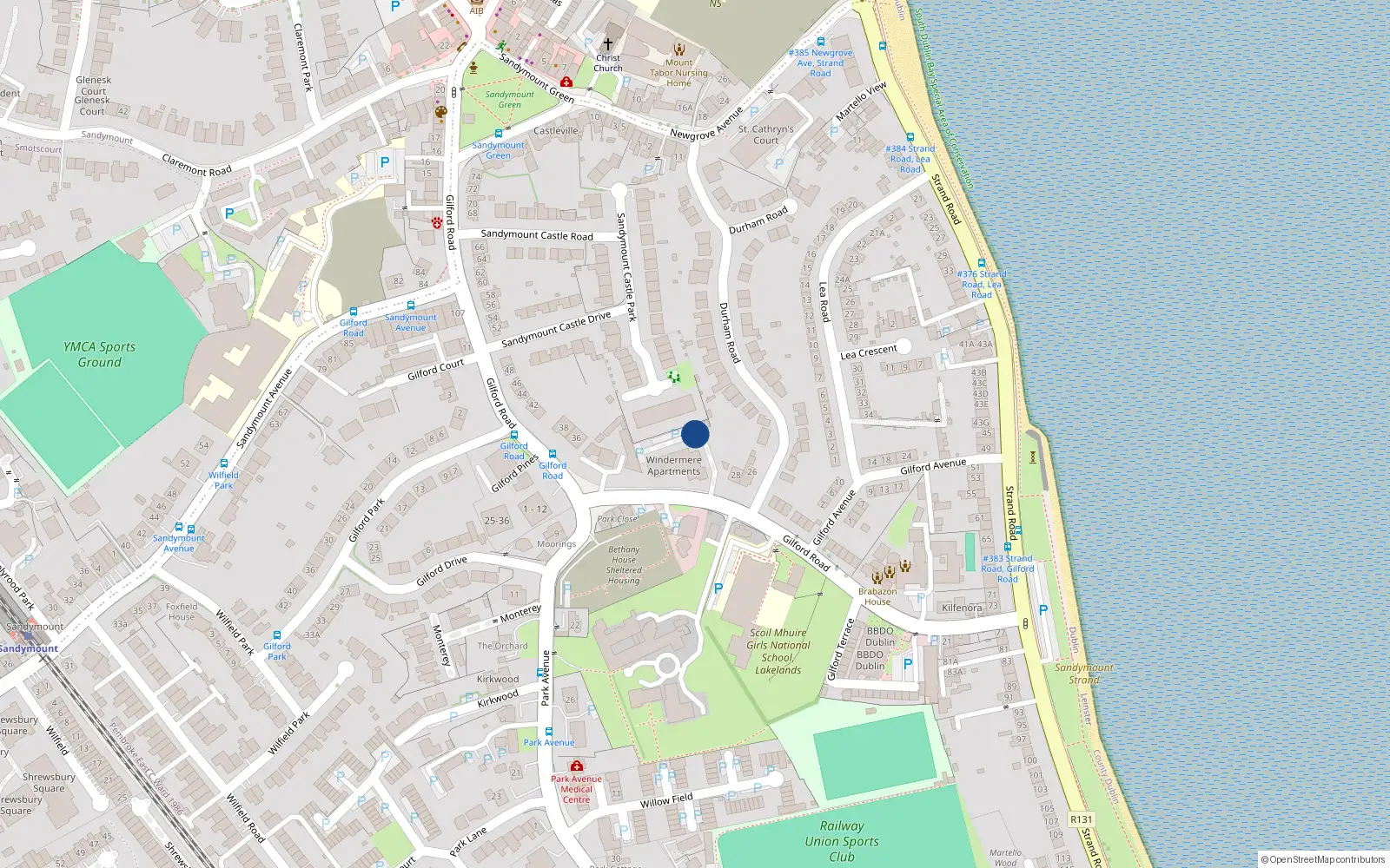 Overhead map showing the location of 38B Windermere Apartments, Sandymount