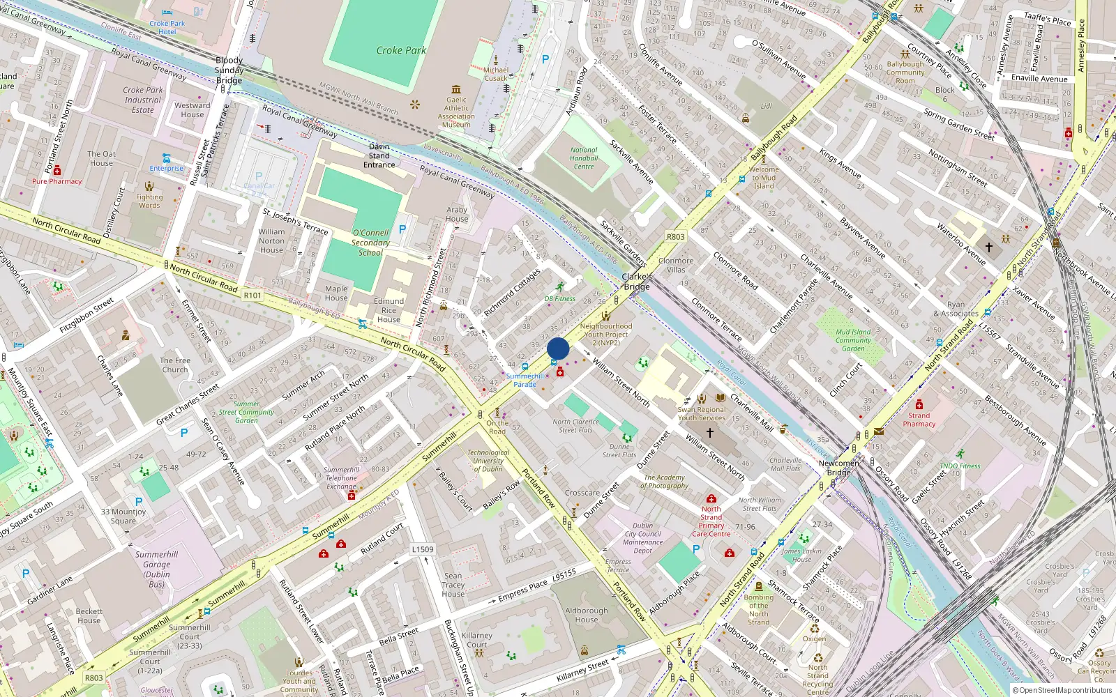Overhead map showing the location of 39A Summerhill Parade, Dublin