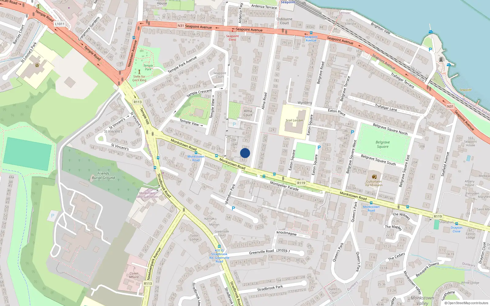 Overhead map showing the location of 39 Alma Road, Monkstown
