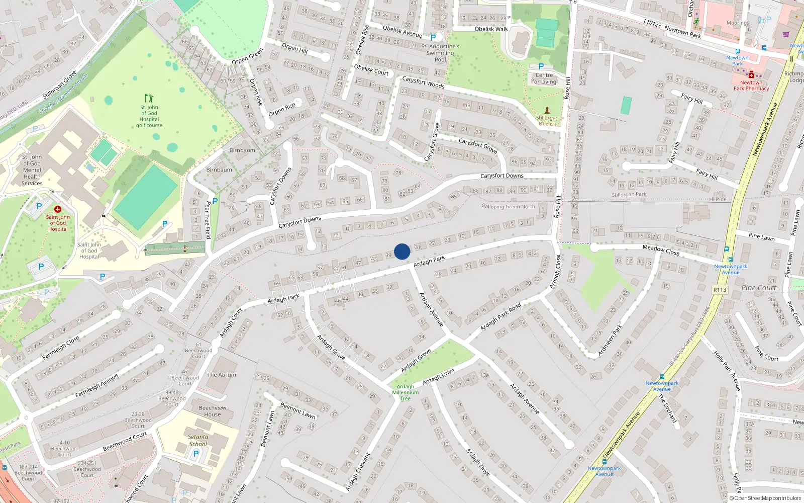 Overhead map showing the location of 39 Ardagh Park, Blackrock, Dublin