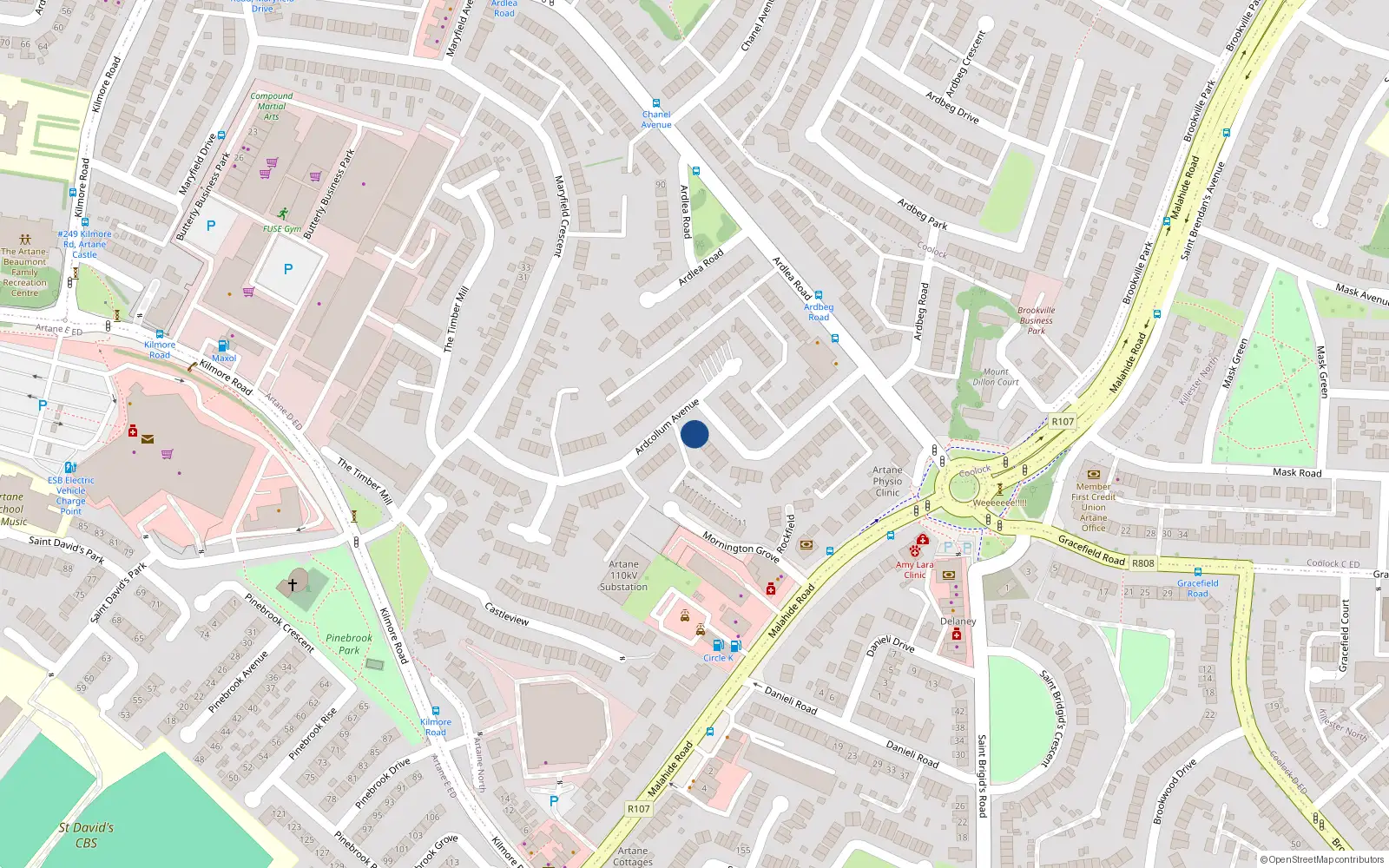 Overhead map showing the location of 39 Ardcollum Avenue, Dublin 5