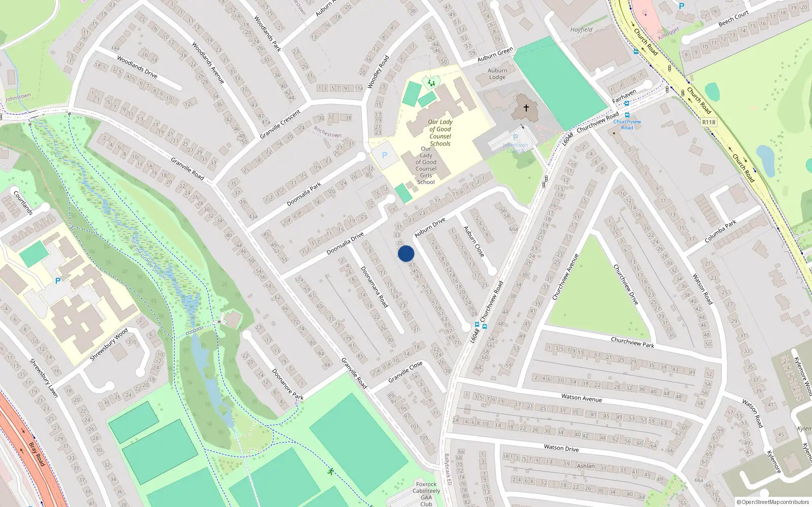Overhead map showing the location of 39 Auburn Drive, Ballybrack