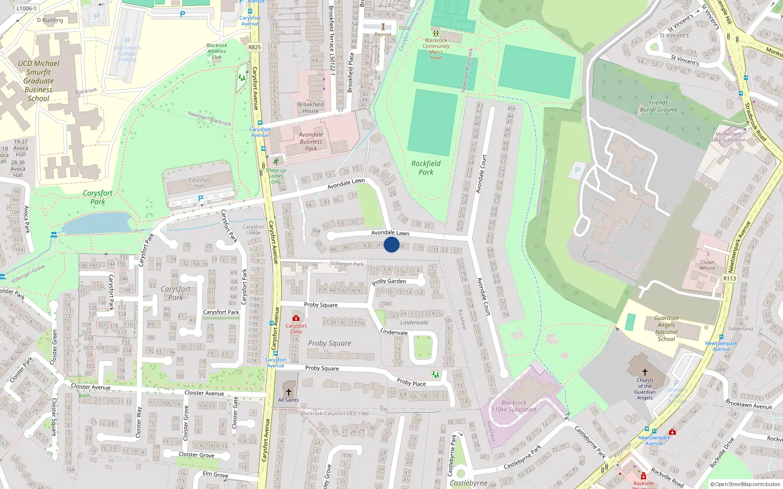 Overhead map showing the location of 39 Avondale Lawn, Blackrock