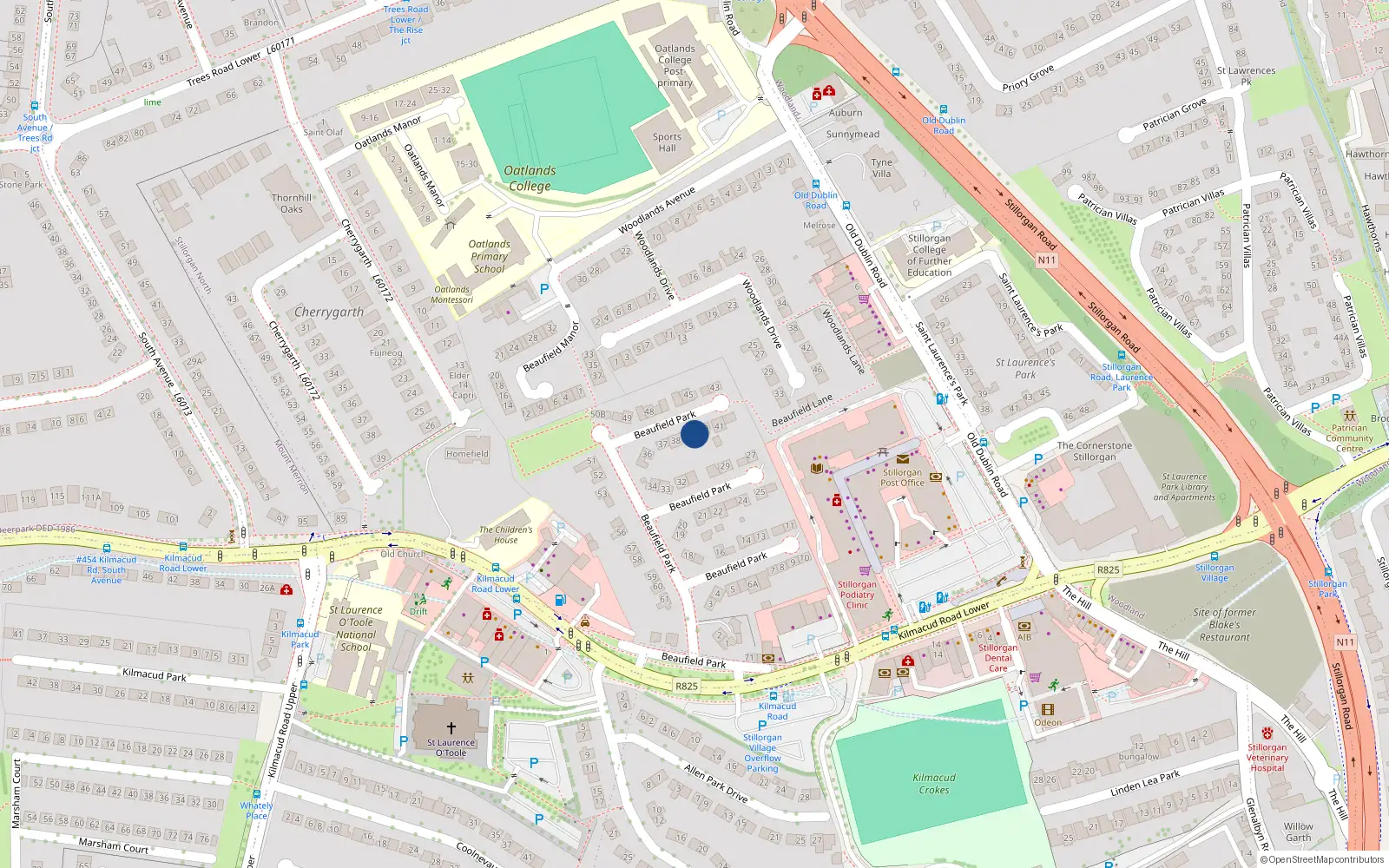 Overhead map showing the location of 39 Beaufield Park, Stillorgan, Blackrock