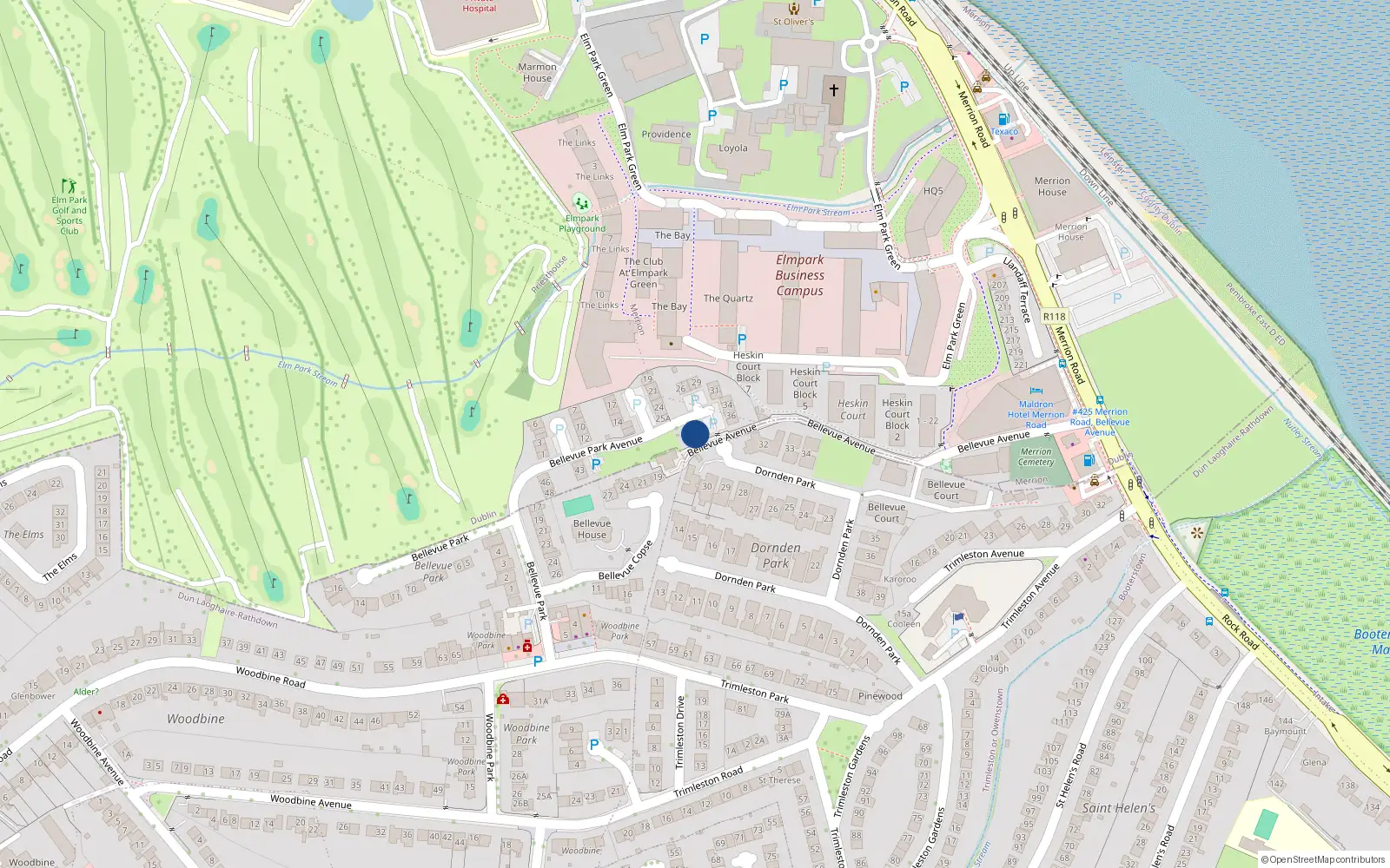 Overhead map showing the location of 39 Bellevue Park Avenue, Booterstown, Blackrock