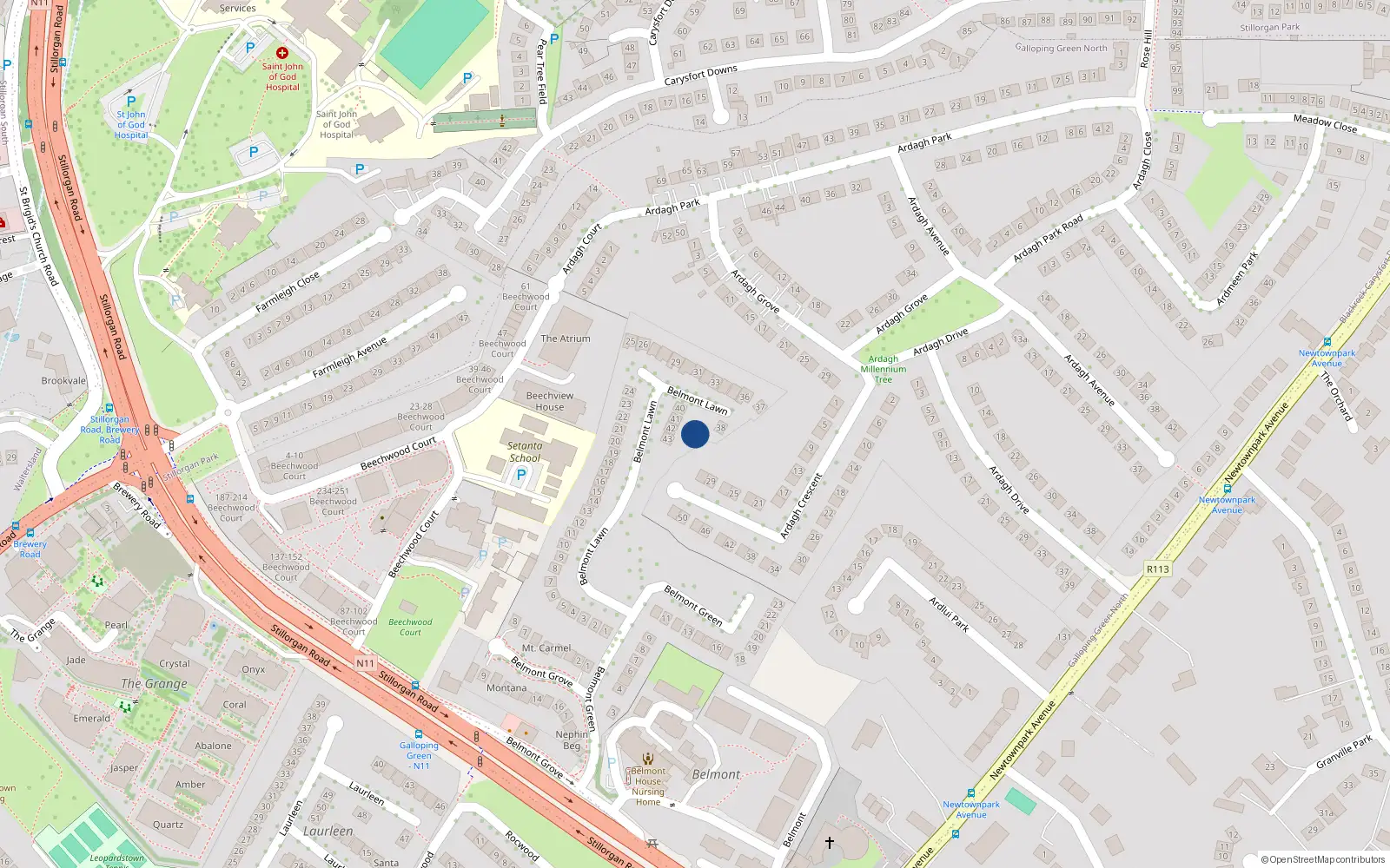 Overhead map showing the location of 39 Belmont Lawn, Galloping Green, Blackrock