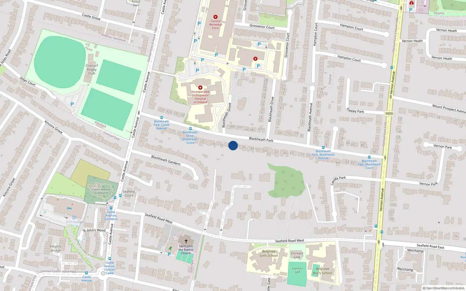 Overhead map showing the location of 39 Blackheath Park, Clontarf, Dublin 3