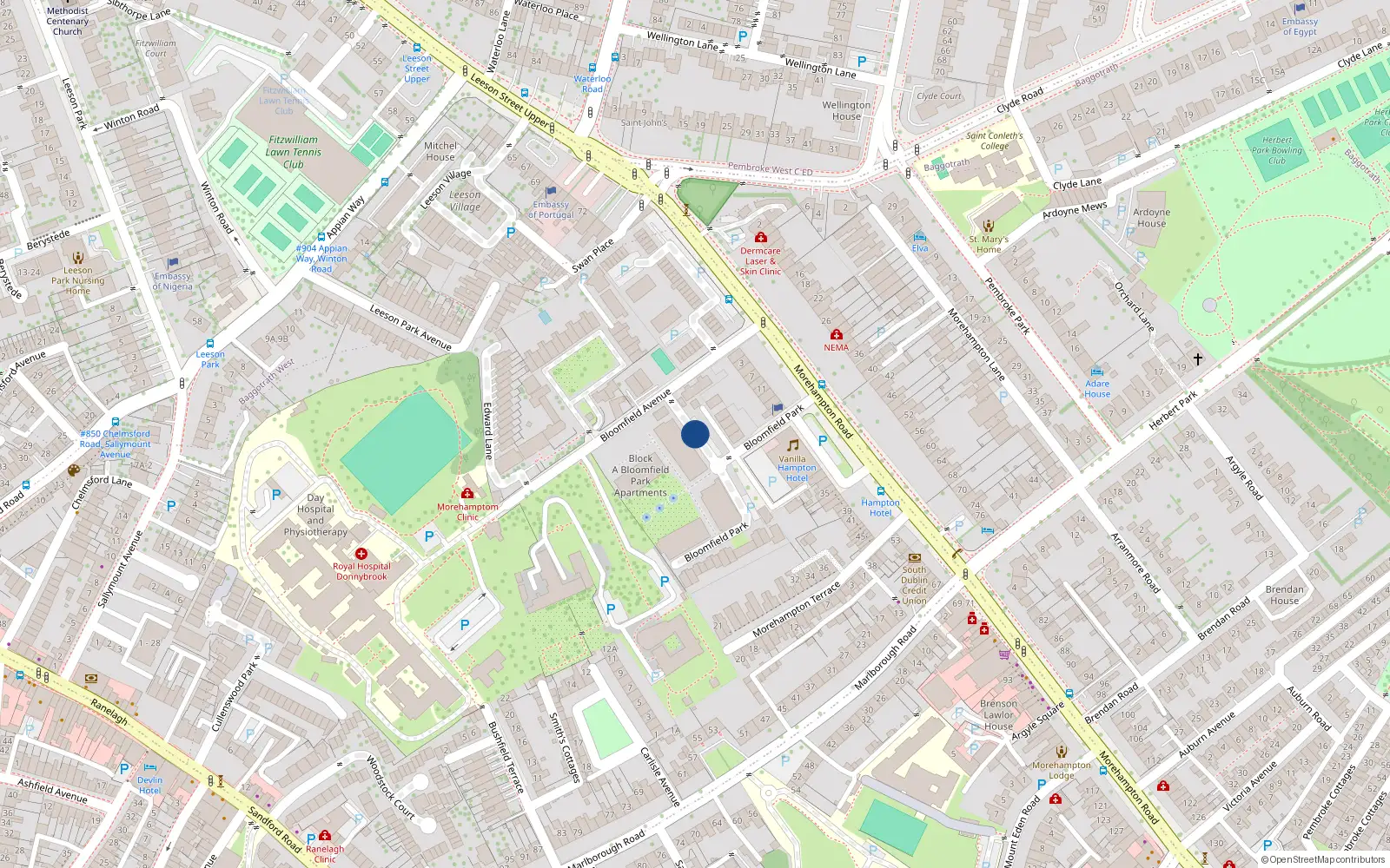 Overhead map showing the location of 39 Bloomfield Park, Donnybrook