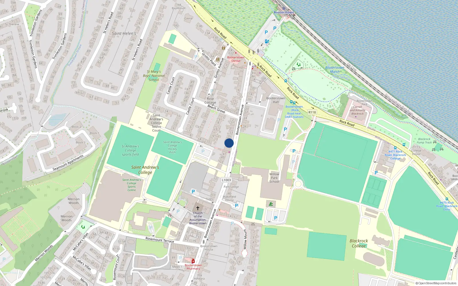 Overhead map showing the location of 39 Booterstown Avenue, Blackrock, Dublin