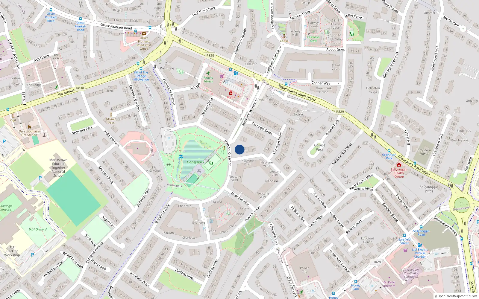 Overhead map showing the location of 39 Boyd Avenue, Dunlaoghaire