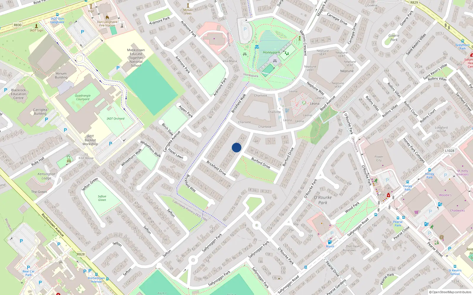 Overhead map showing the location of 39 Brickfield Drive, Honeypark, Dun Laoghaire