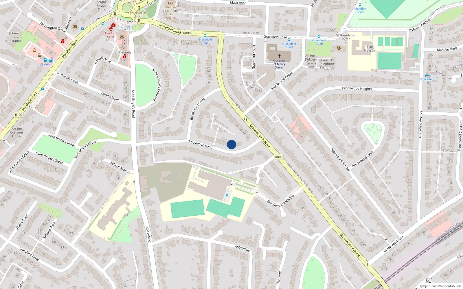 Overhead map showing the location of 39 Brookwood Road, Dublin 5