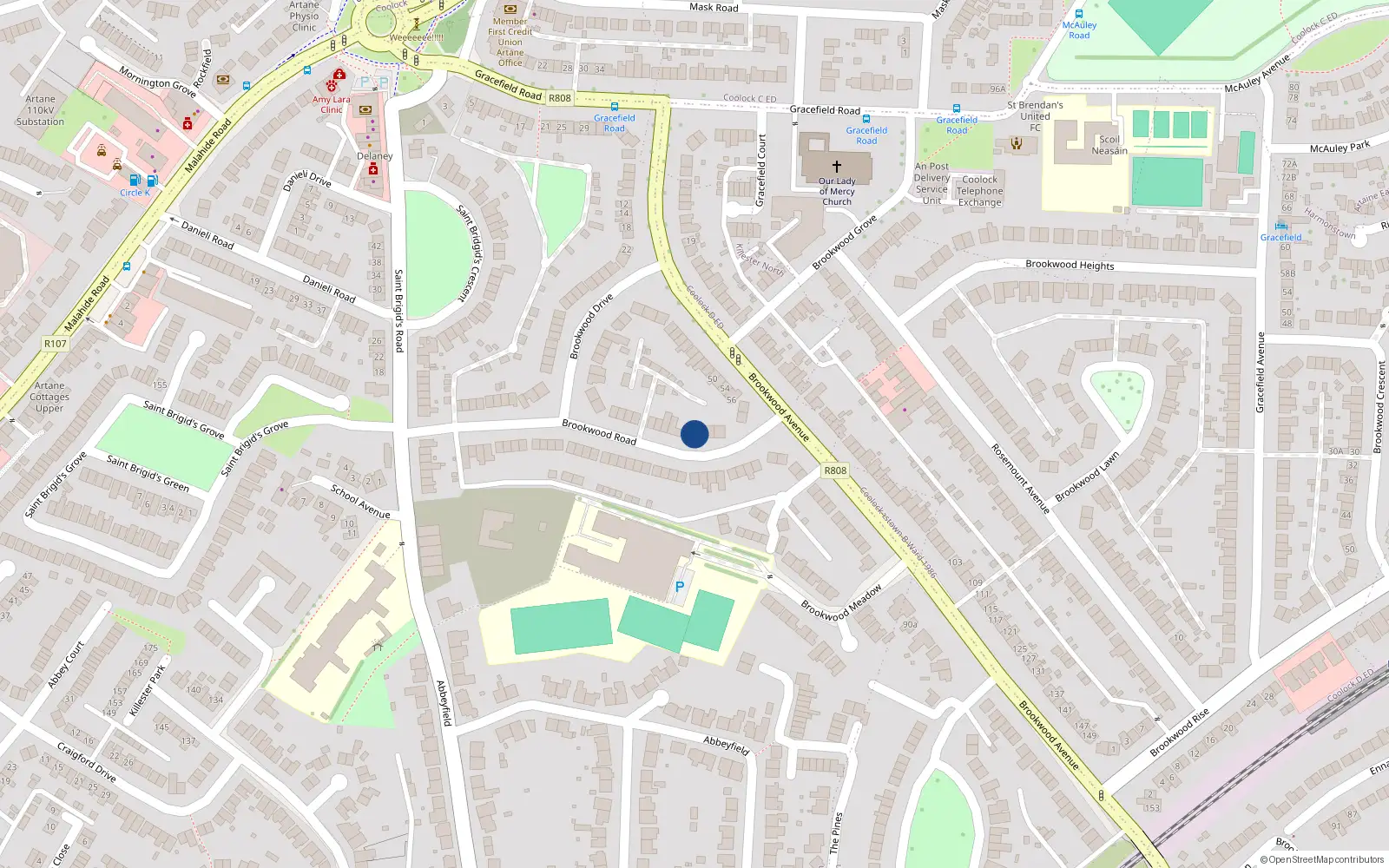 Overhead map showing the location of 39 Brookwood Road, Artane, Dublin 5